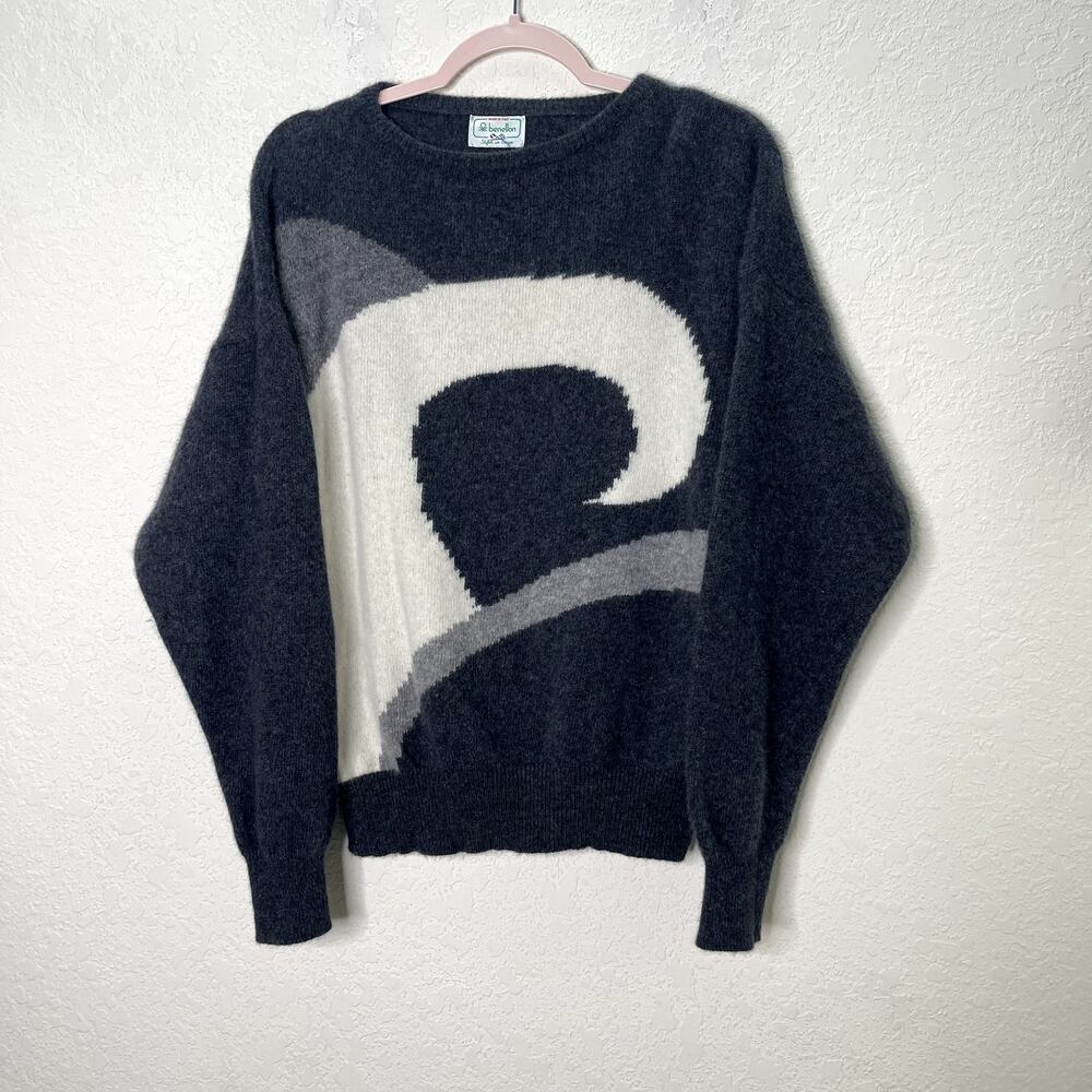 Vintage Benetton Mens 52 Wool Rabbit Hair Sweater Italy Abstract Intarsia 90s